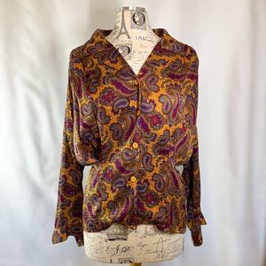 Vintage Paisley Silk Gold & Purple Women’s Long Sleeve Blouse